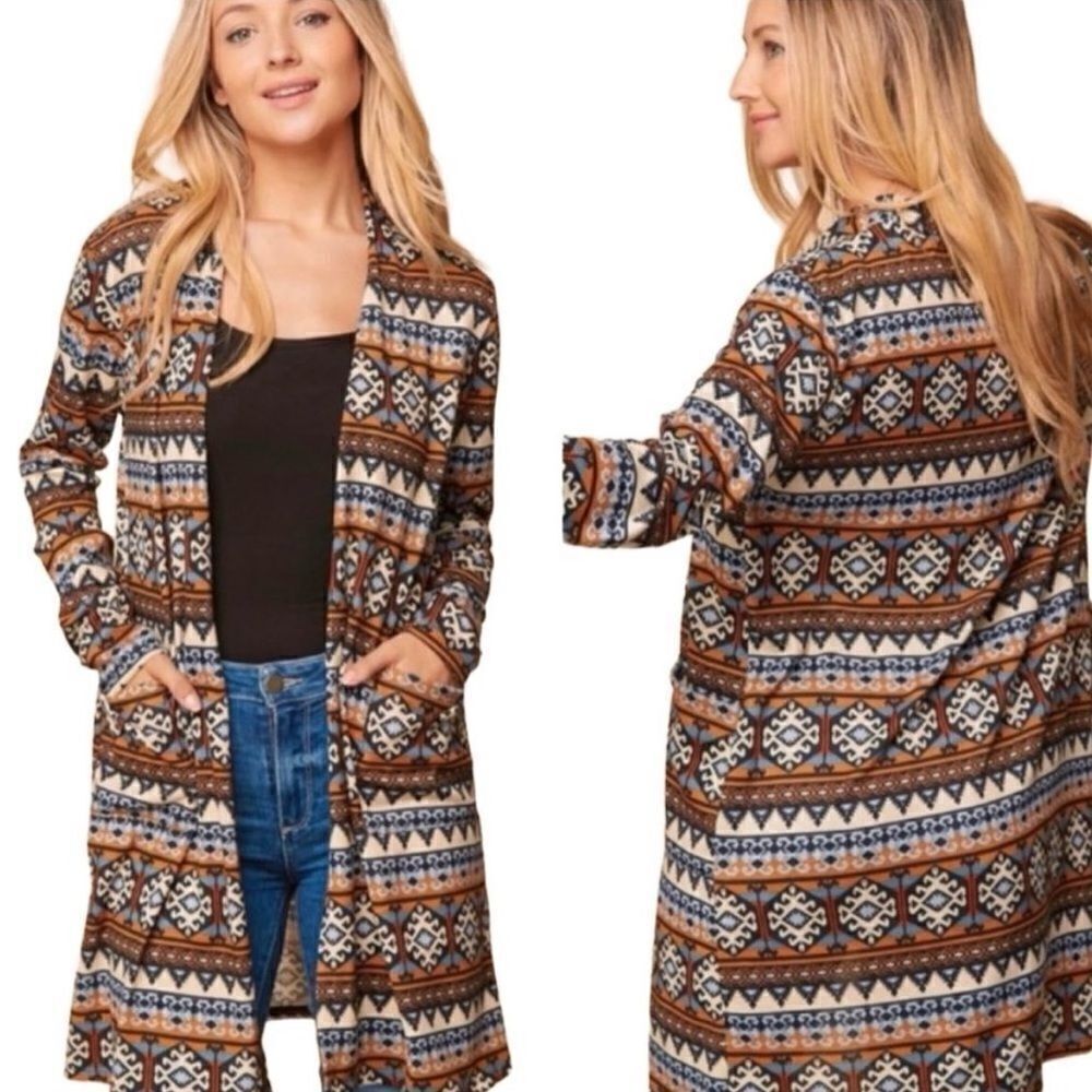 New Haptics Long Cardigan Women's Medium Multi-Color Aztec Print Boho Open Front